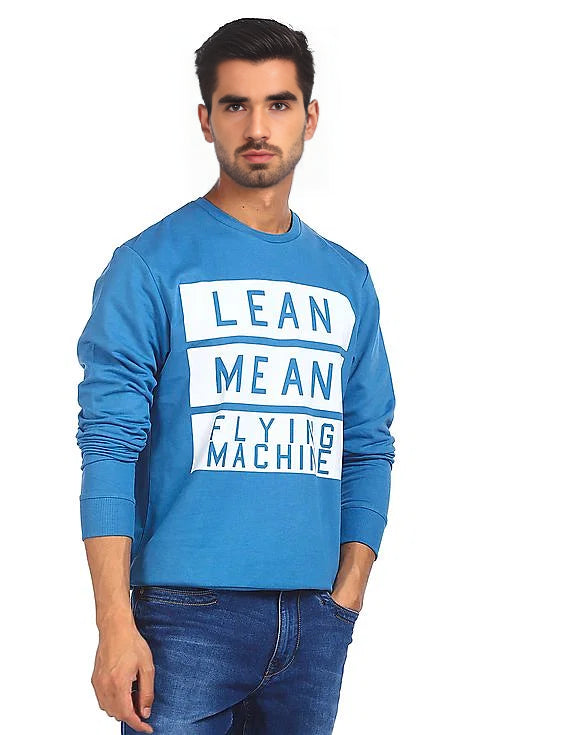Flying Machine Men Blue Crew Neck Brand Print Sweatshirt